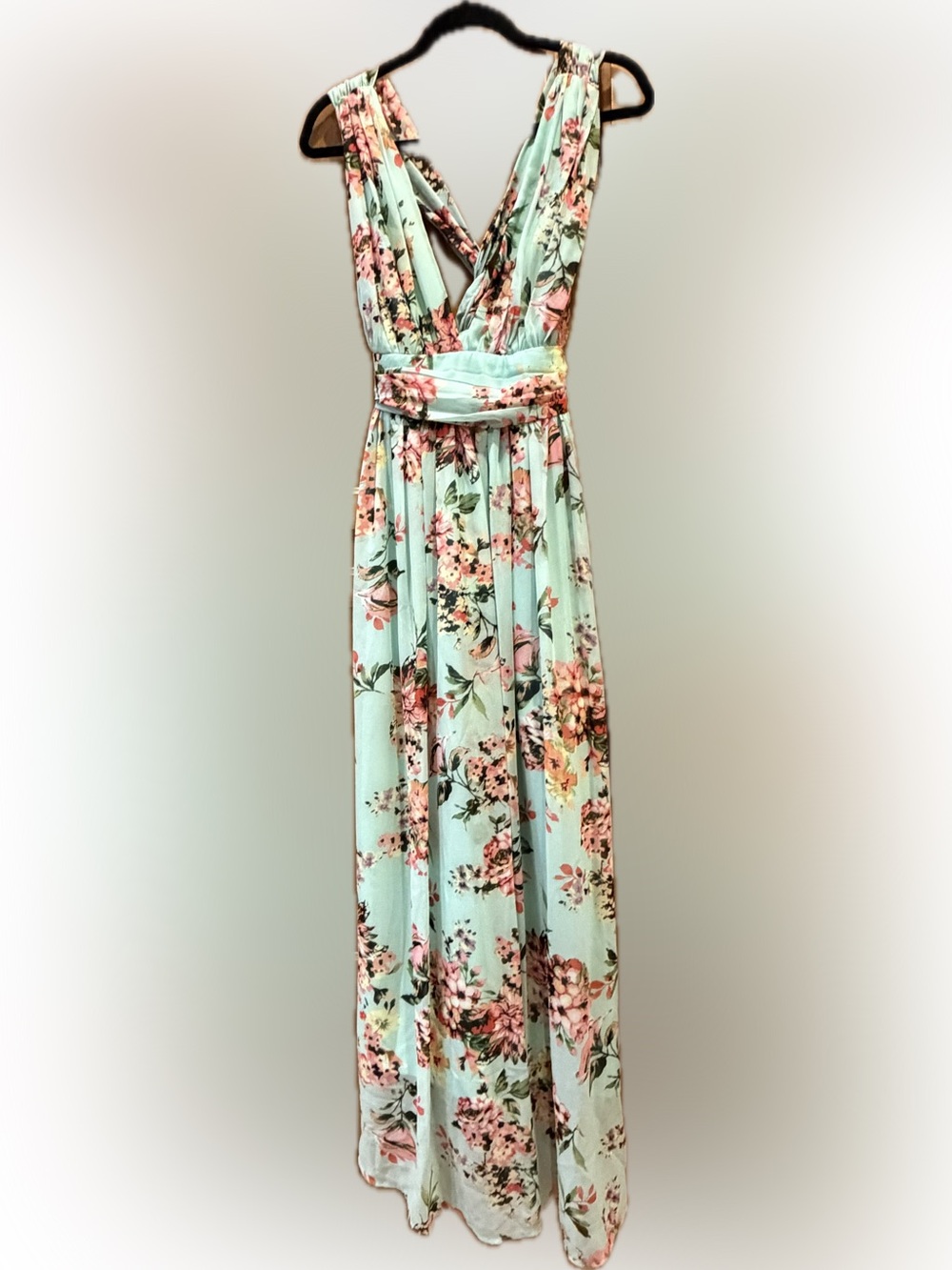 Solemio Floral Maxi Dress Mint Green Plunge Sleeveless Boho Spring Summer Size M